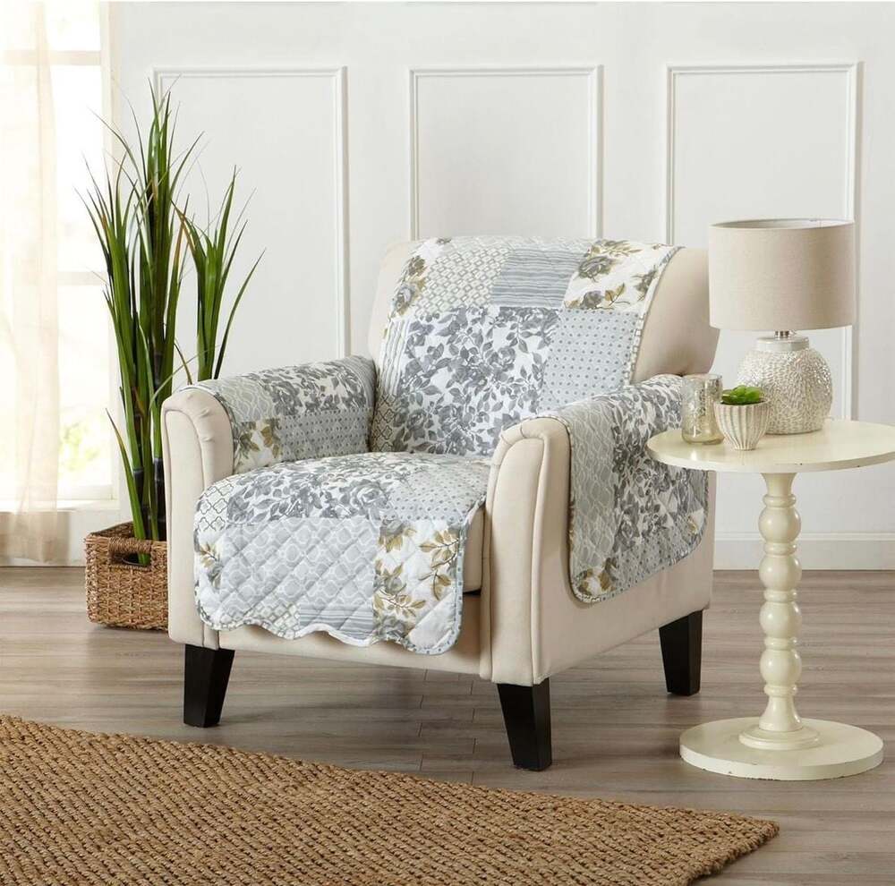 Great Bay Home Patchwork Scalloped Reversible Armchair Furniture Protector, Grey